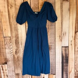 Abercrombie & Fitch Dress Puff Sleeve Corset Midi Navy Romantic Small Petite